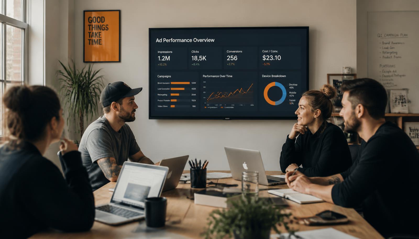 The TechnoPHO team reviewing campaign performance together