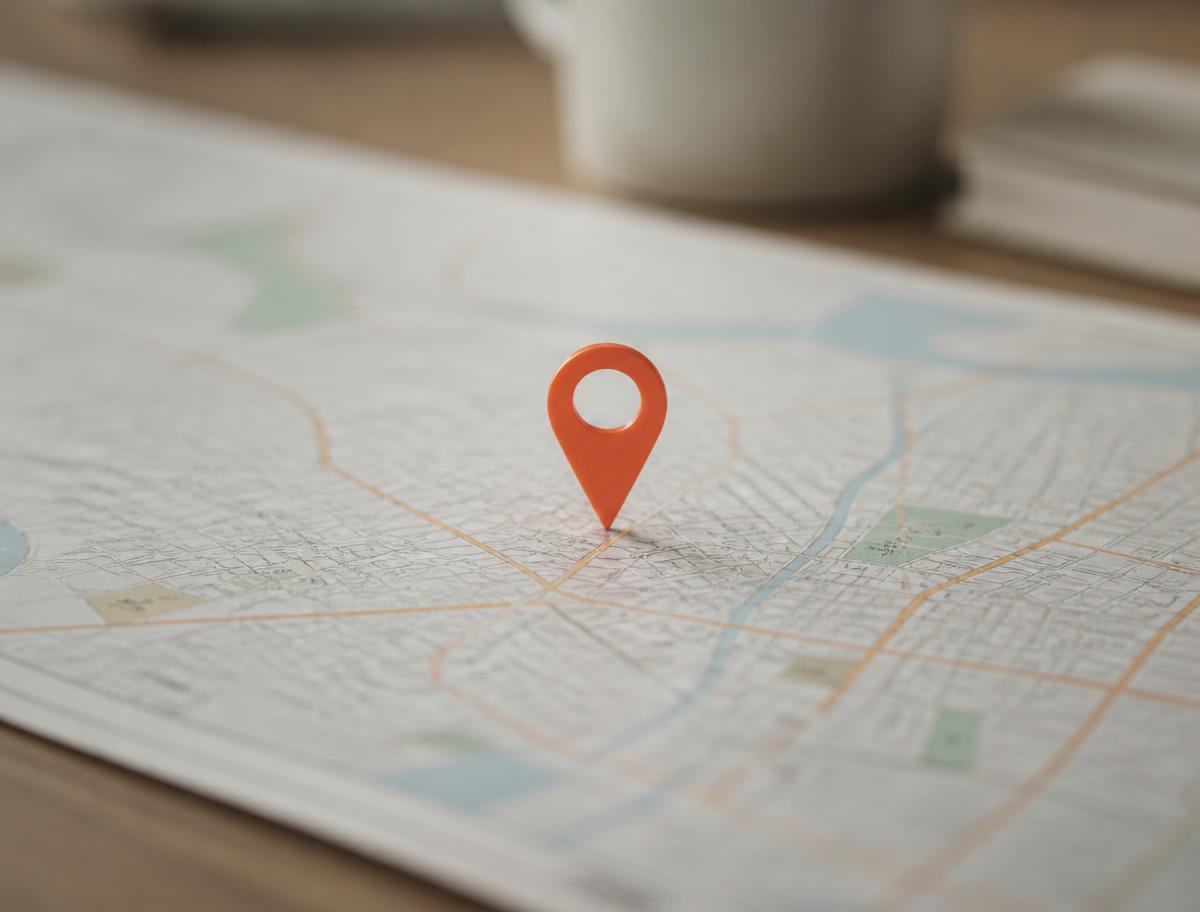 A single orange map pin standing on a printed city map