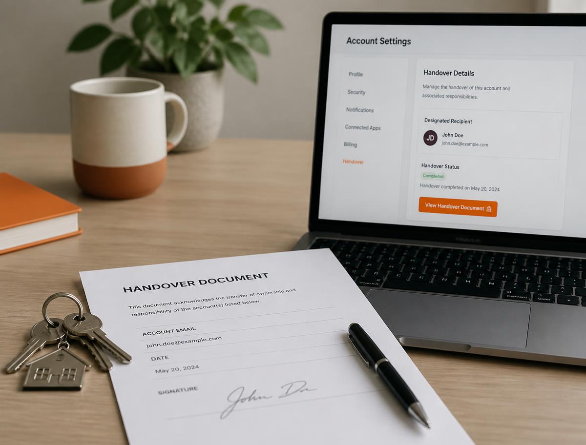 A signed account handover document and keys beside a laptop