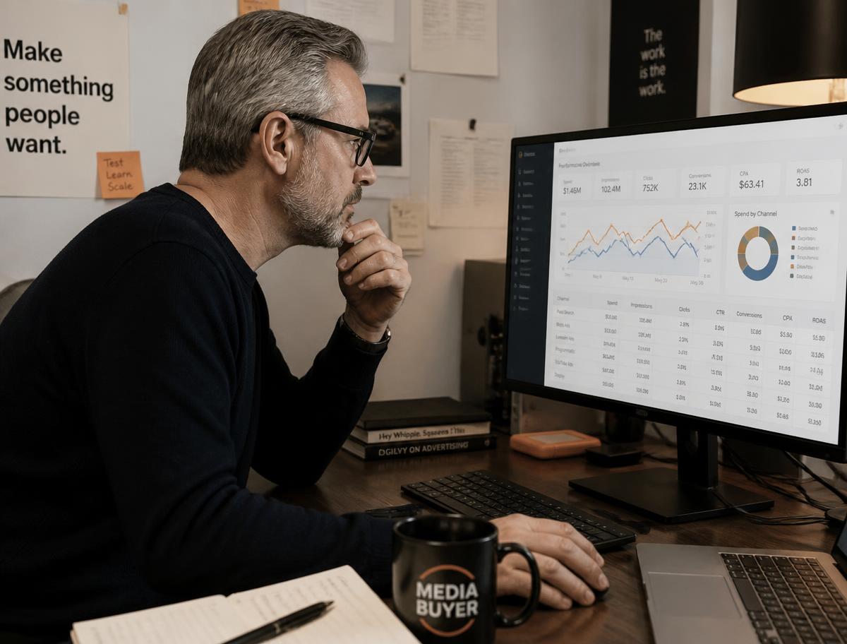 A senior media buyer reviewing an advertising performance dashboard